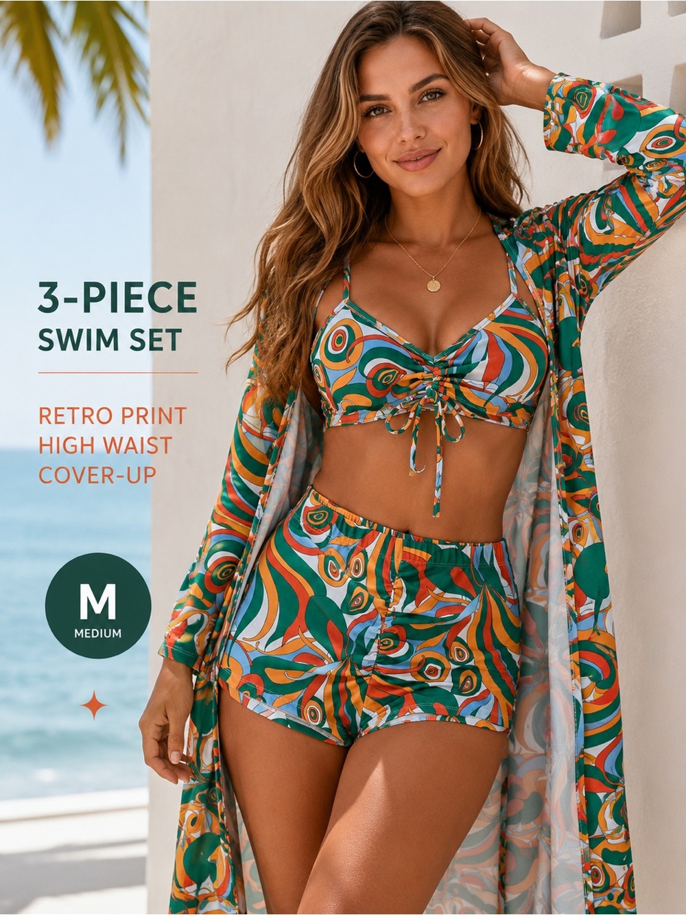 Retro 3-Piece Swim Set Cover-Up | Size Medium 🧡💚❤️🤍